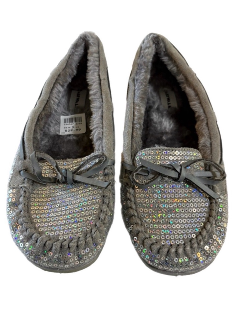 AIRWALK Girls Gray Sequins Faux Fur Lined Slippers Indoor /  Outdoor Size 3.5.